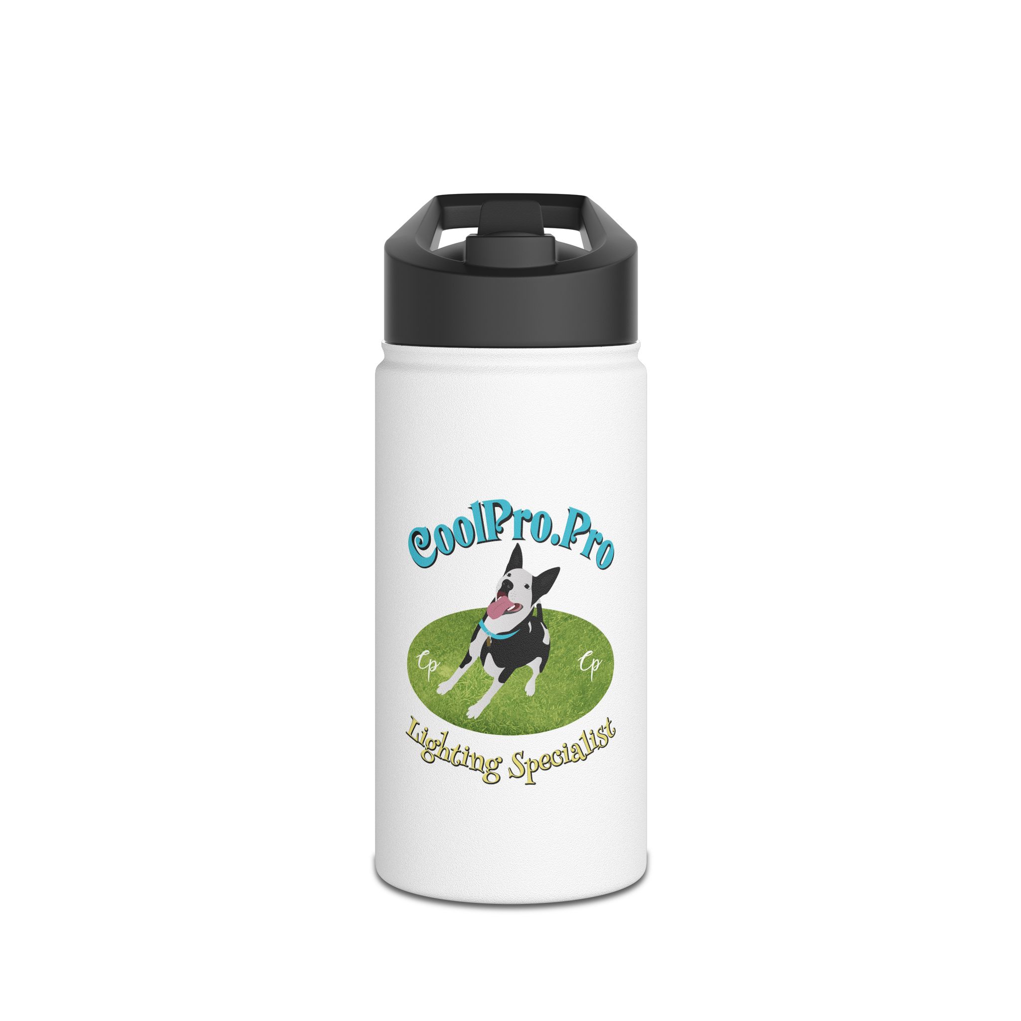 Custom Pet Water Bottle for Dog Lovers, DJ dance lighting = Fun party Fetch dog Stainless Steel Travel Mug for Outdoors, Personalized Gift, Hydration FlaskolPro Pro