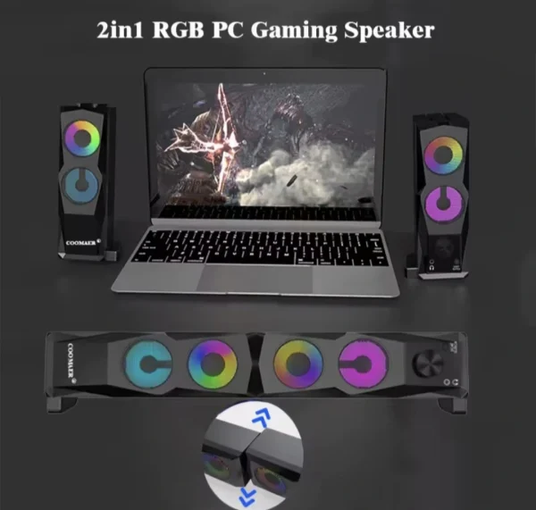 2in1 Stereo RGB Gaming Speakers/Sound Bar w/ Subwoof,USB+Mini Aux In