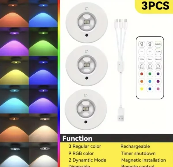 3xPack RGB 12 Color Rechargeable Magnetic Cabinet/Night Lights w Remote